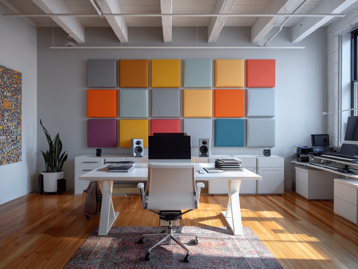 Modern office setup with colorful acoustic wall panels designed for sound absorption.
